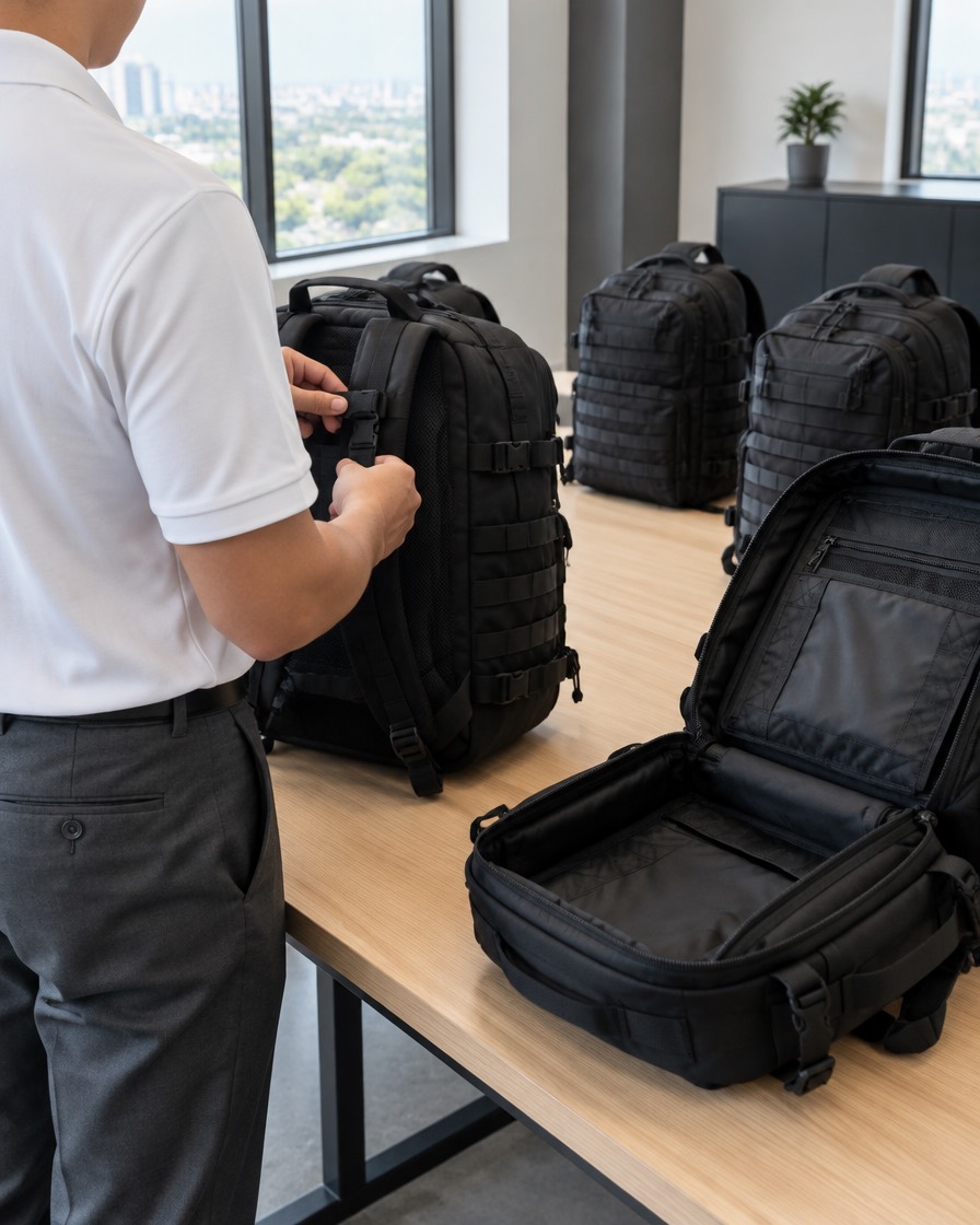 Backpacks arranged for inspection