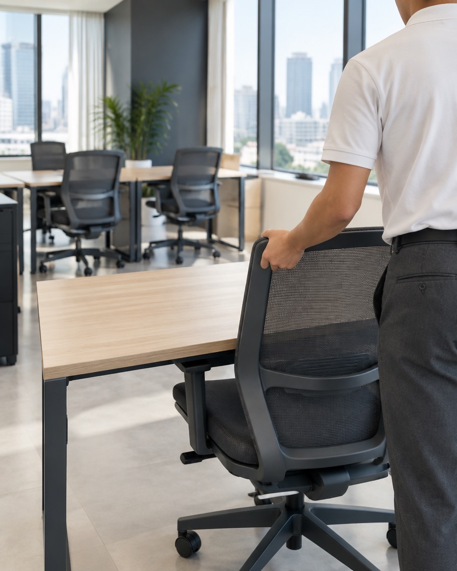 Office desks and task chairs being positioned